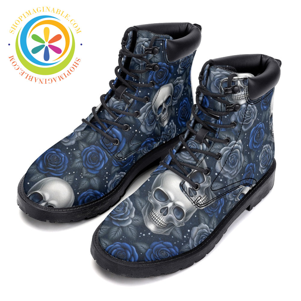 Blue Skull Floral - Leather Martin Boots