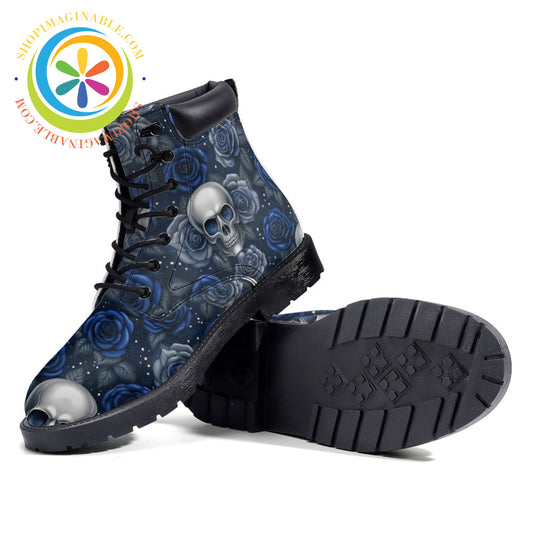 Blue Skull Floral - Leather Martin Boots