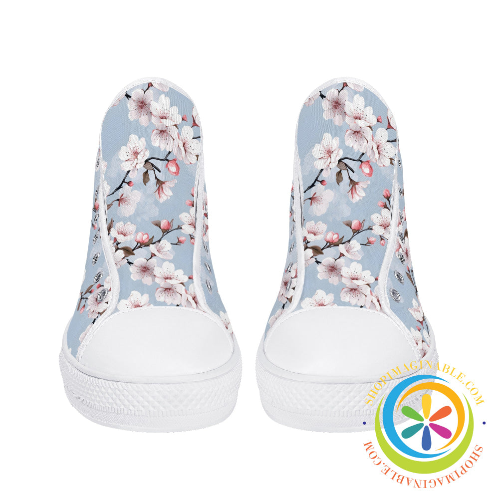 Blue Sky Cherry Blossoms Ladies High Top Canvas Shoes