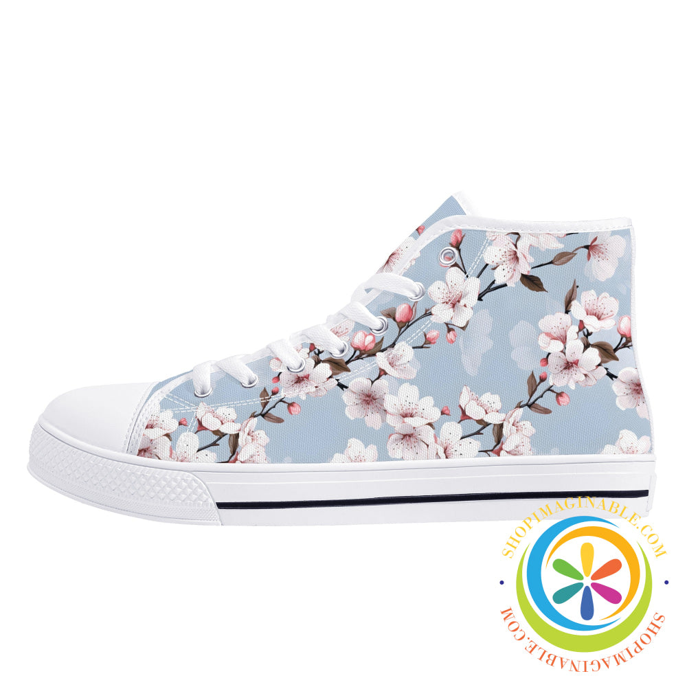 Blue Sky Cherry Blossoms Ladies High Top Canvas Shoes
