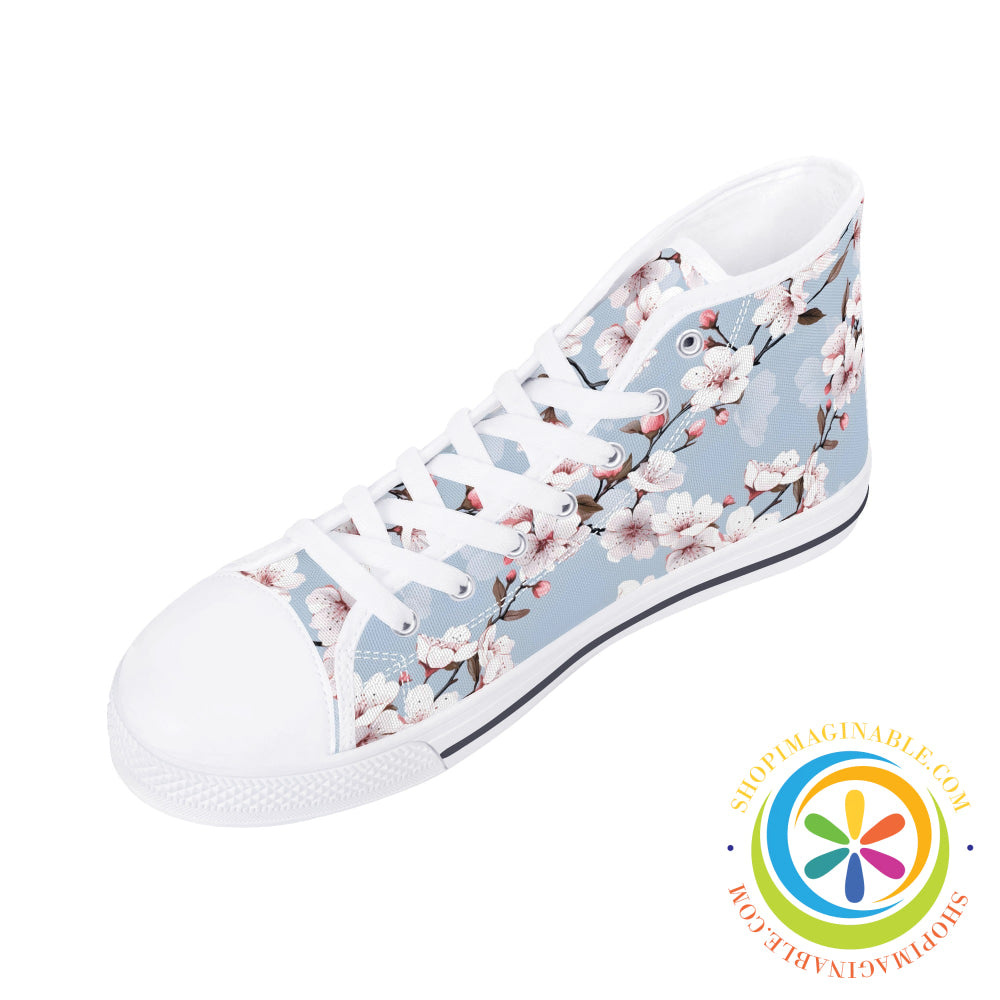 Blue Sky Cherry Blossoms Ladies High Top Canvas Shoes