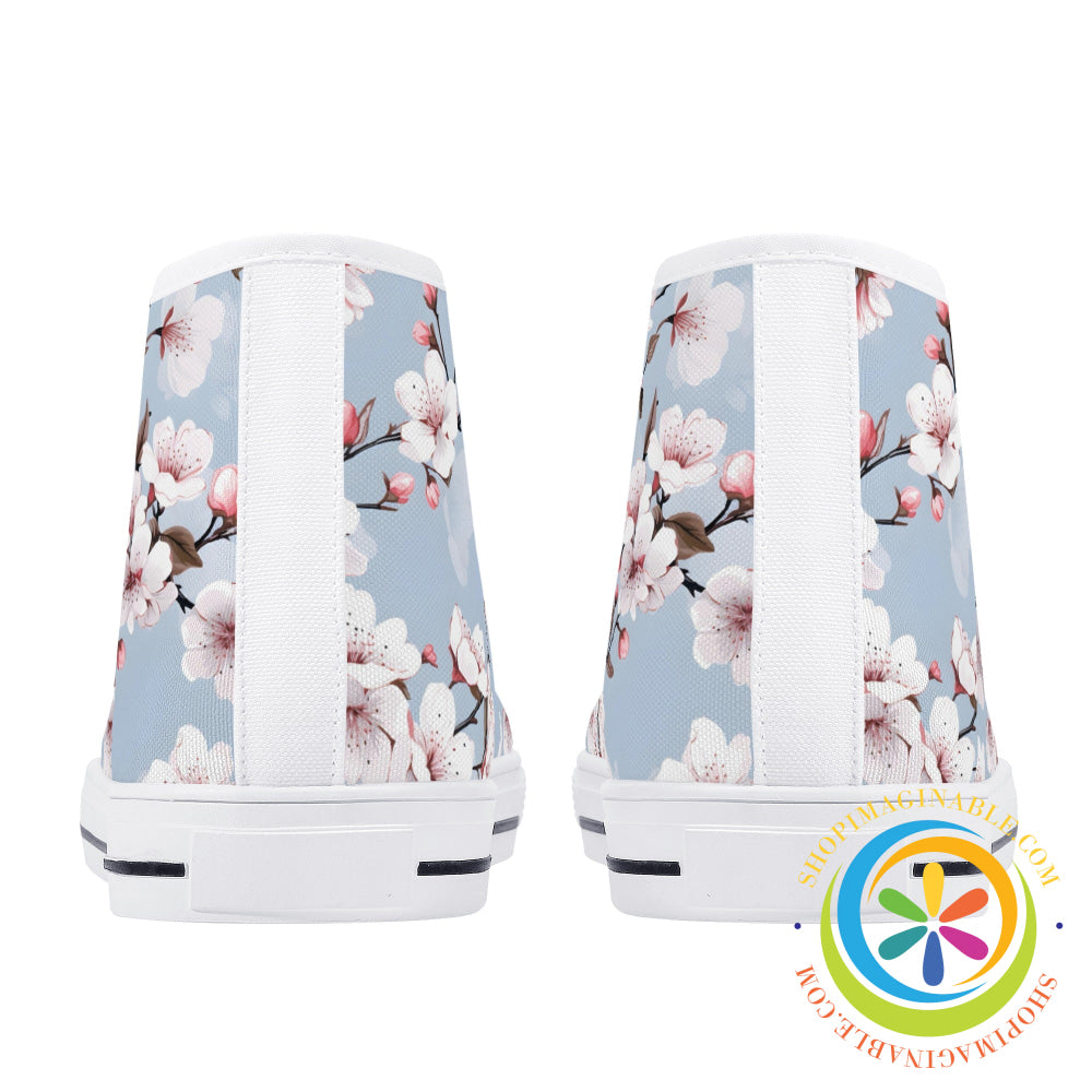 Blue Sky Cherry Blossoms Ladies High Top Canvas Shoes