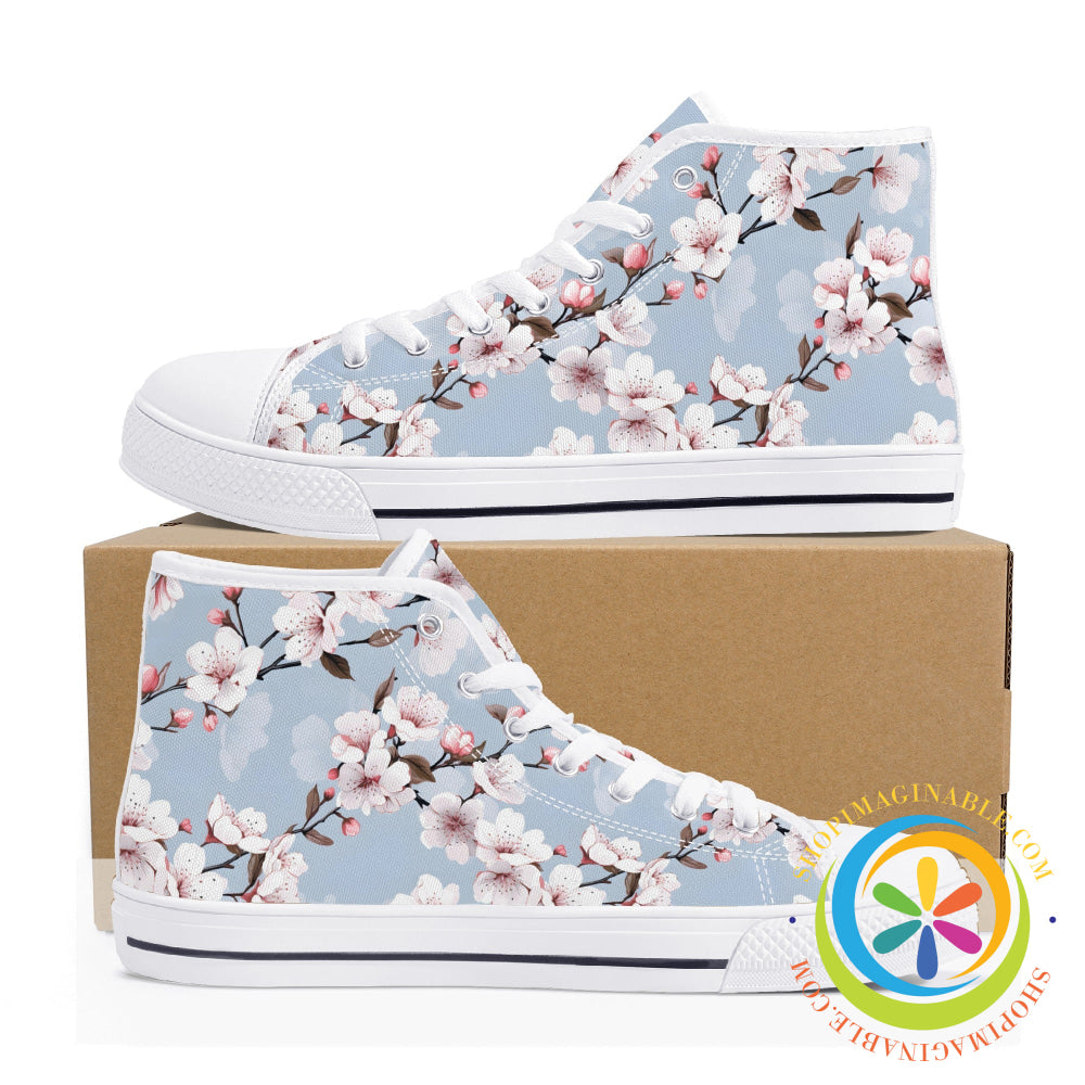 Blue Sky Cherry Blossoms Ladies High Top Canvas Shoes