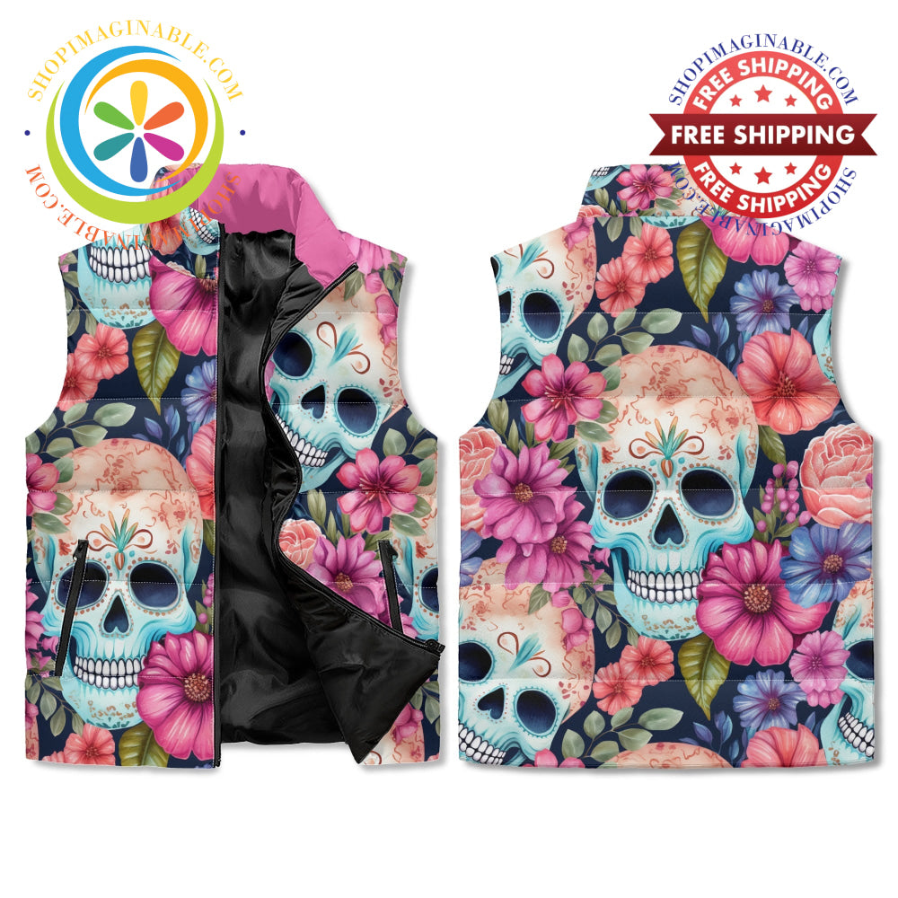 Floral Skulls Puffer Vest M