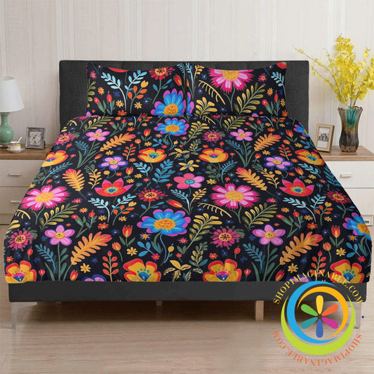 Happy Florals Heart Bedding Set Black / Us Twin