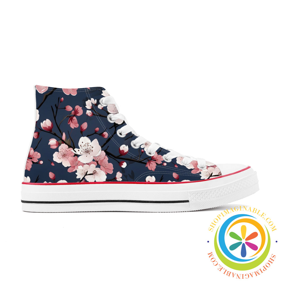 Midnight Blue Cherry Blossom Ladies Canvas High Top Shoes