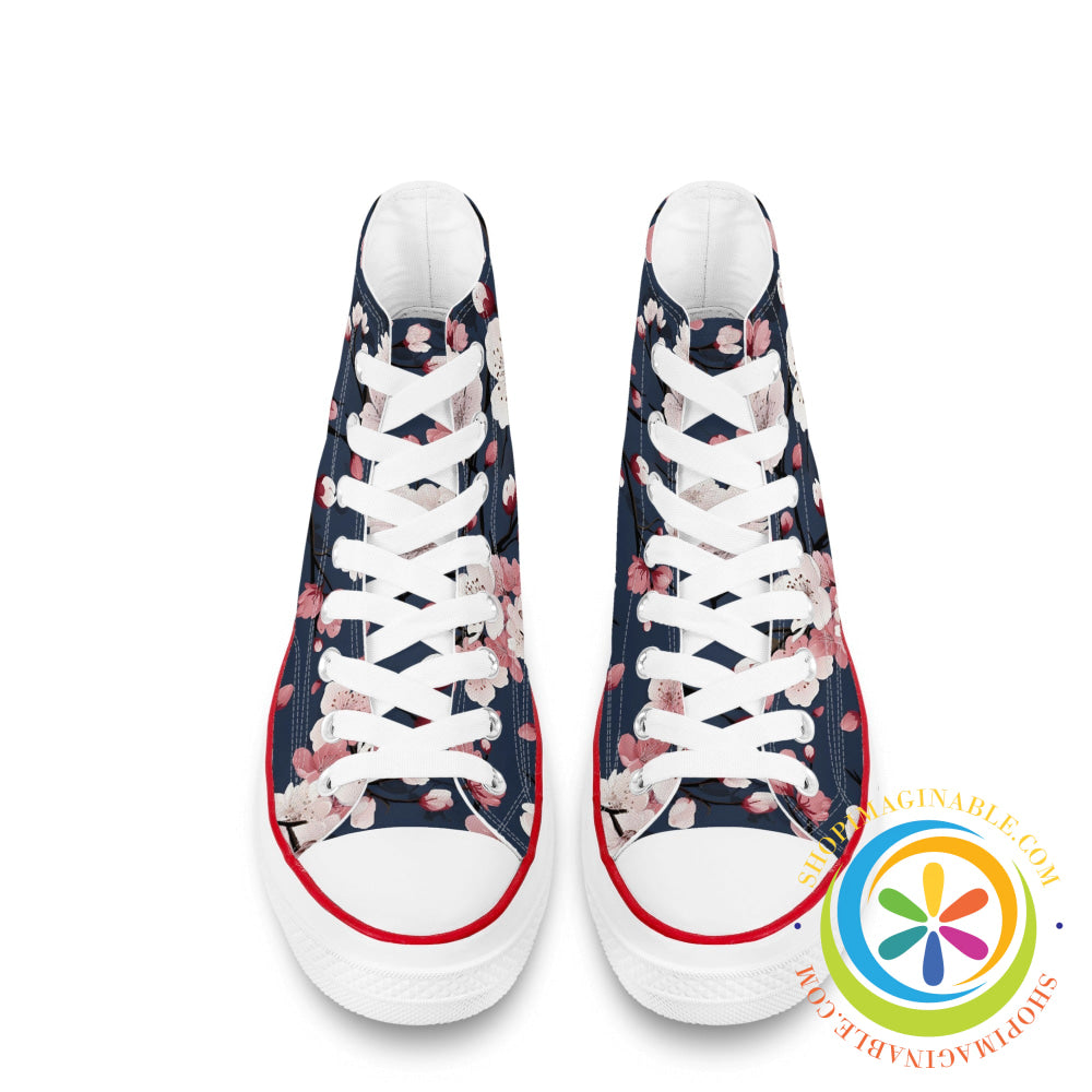 Midnight Blue Cherry Blossom Ladies Canvas High Top Shoes