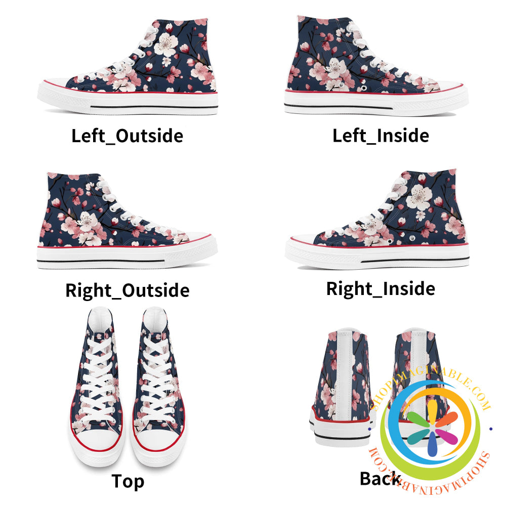 Midnight Blue Cherry Blossom Ladies Canvas High Top Shoes