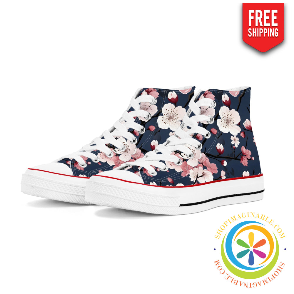 Midnight Blue Cherry Blossom Ladies Canvas High Top Shoes Us5.5 (Eu36)