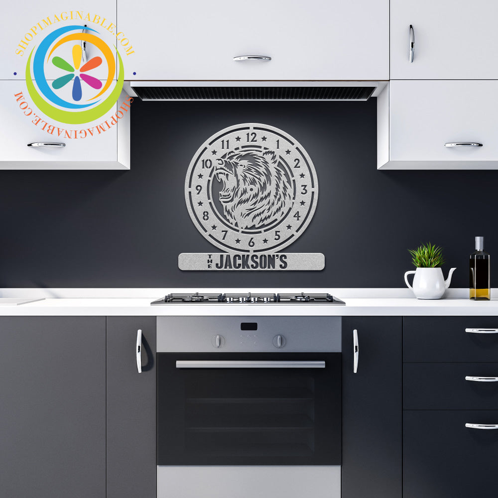 Personalized Metal Art Wall Décor - Clock Face Bear Silver / 12 Inch