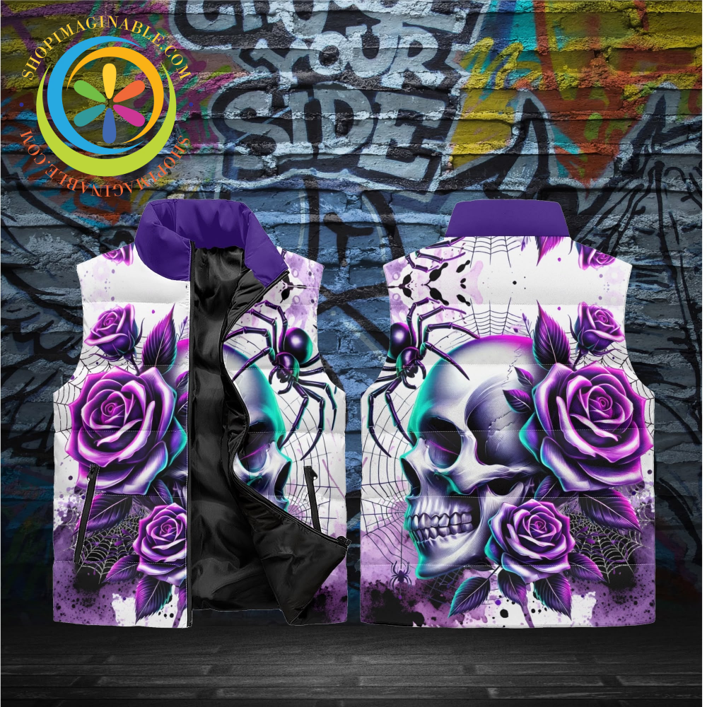 Purple Floral Skull Puffer Vest