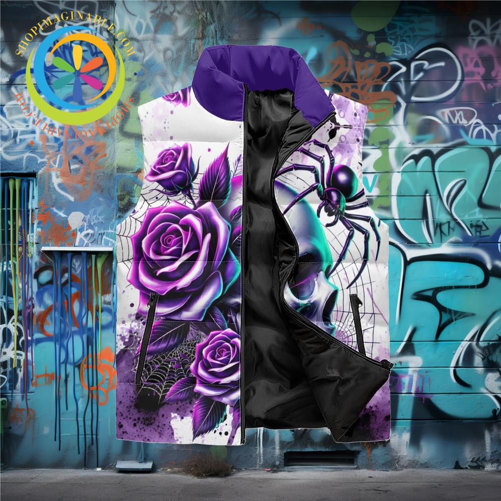 Purple Floral Skull Puffer Vest