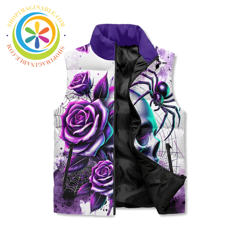 Purple Floral Skull Puffer Vest