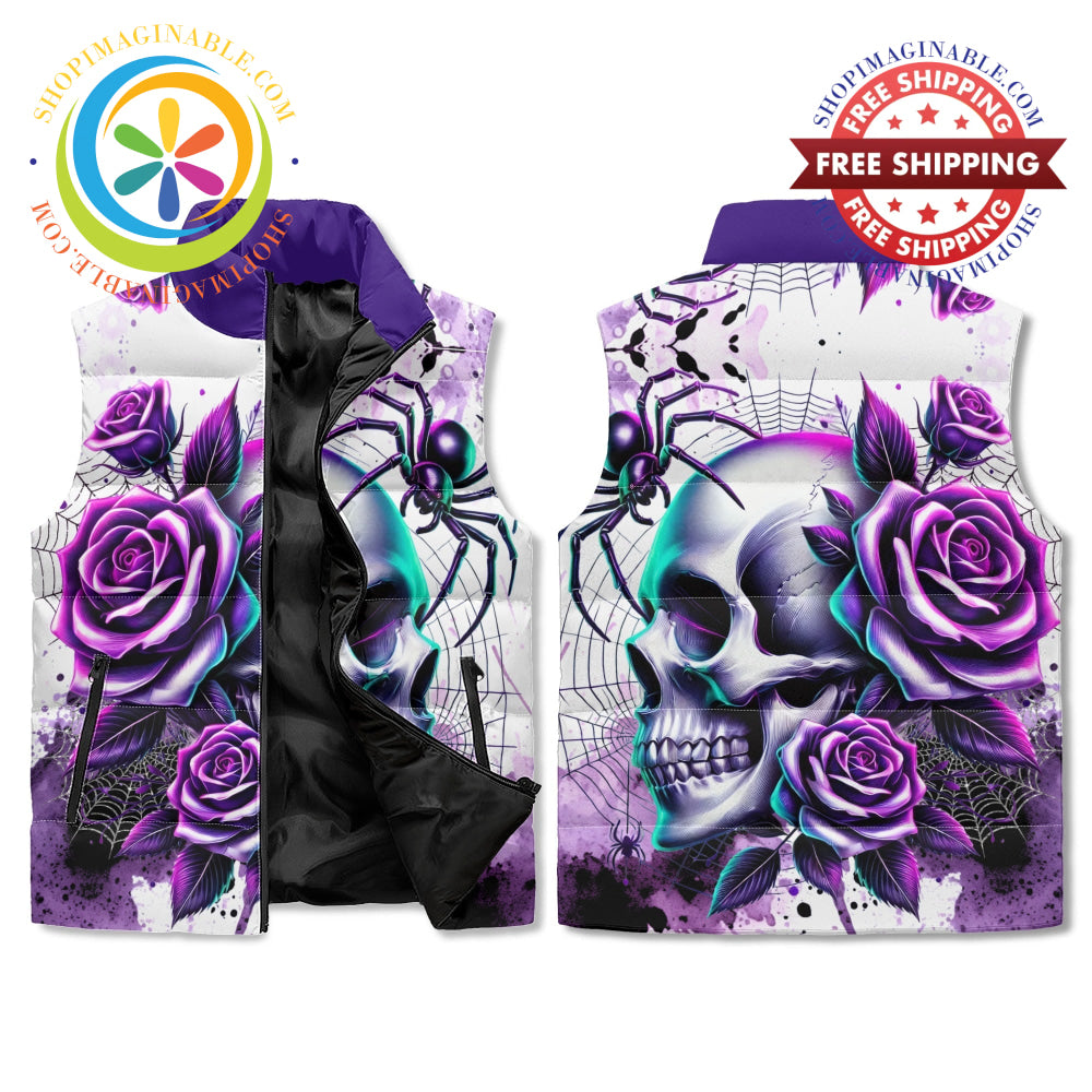 Purple Floral Skull Puffer Vest M