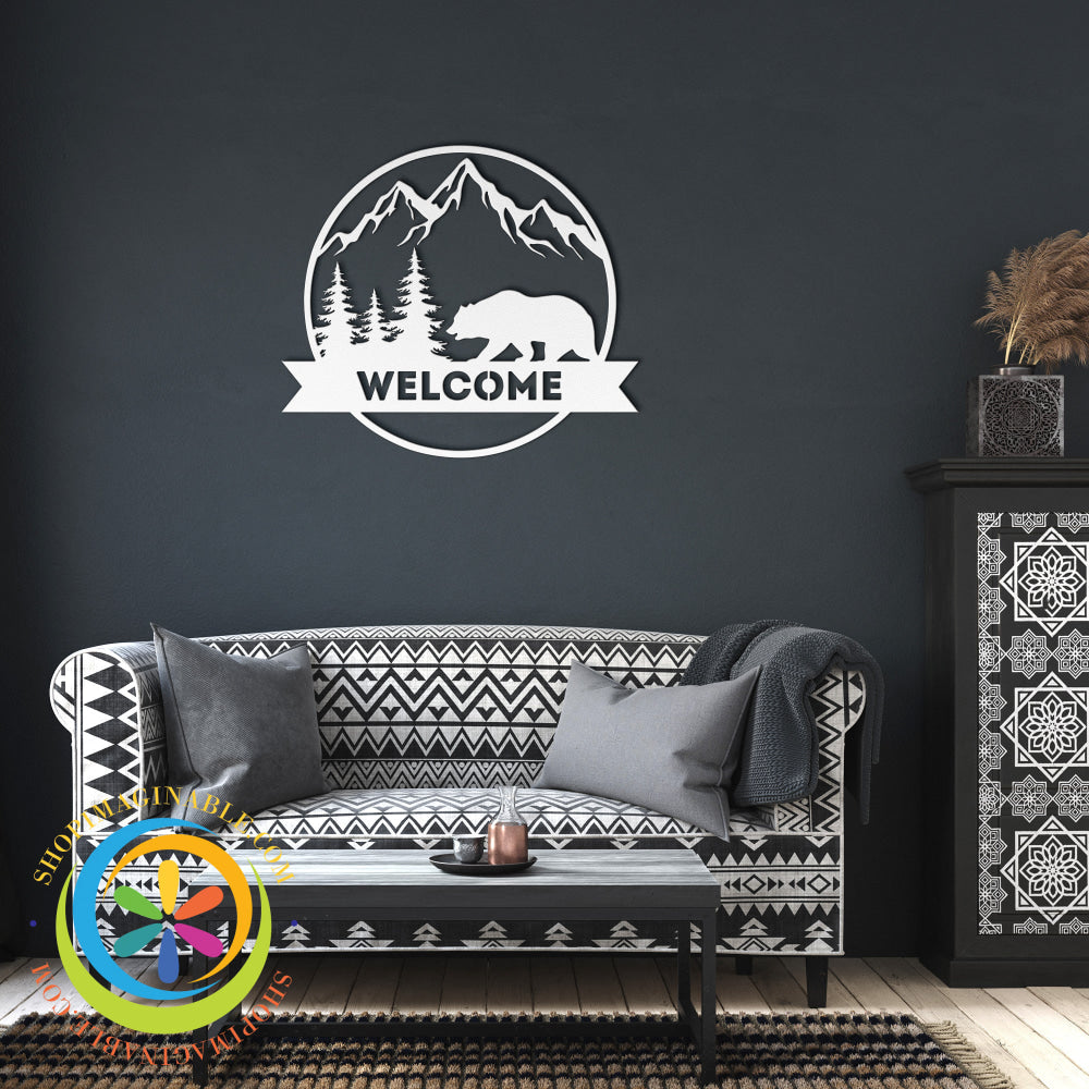 Welcome Bear Metal Wall Decor White / 12 Inch Art