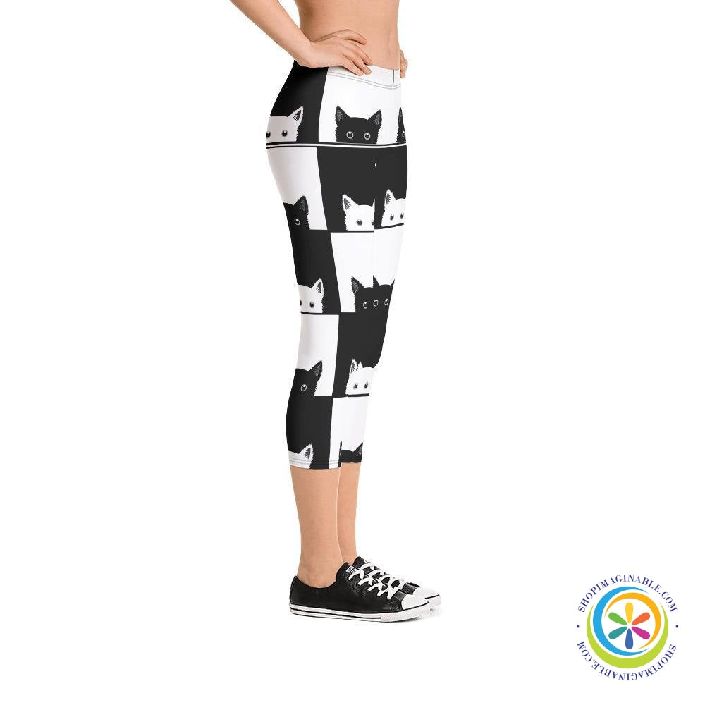 Black & White Cat Capri Leggings-ShopImaginable.com