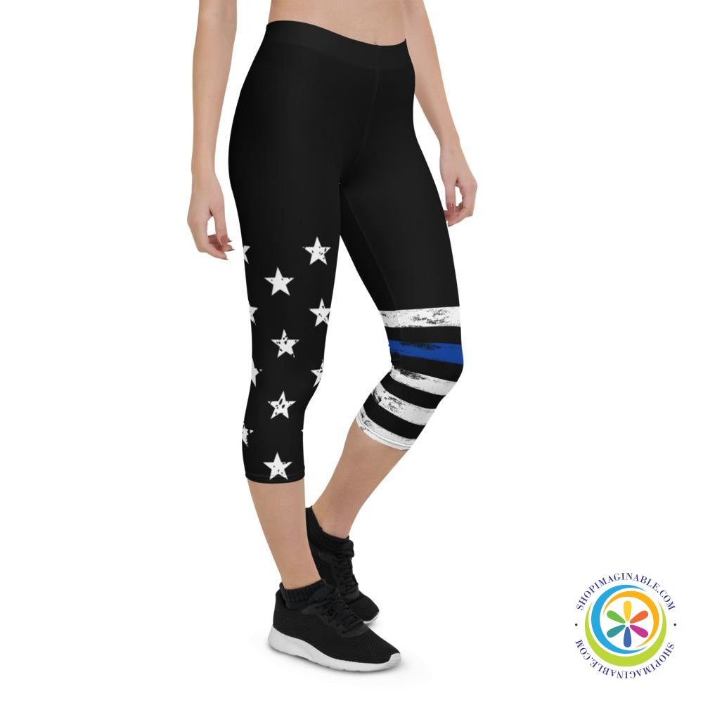 Blue & White Striped Star Capri Leggings-ShopImaginable.com