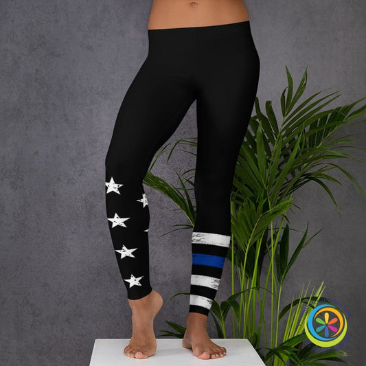 Blue & White Striped Star Full Length Leggings-ShopImaginable.com