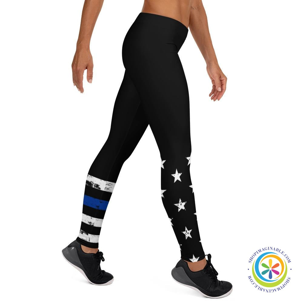 Blue & White Striped Star Full Length Leggings-ShopImaginable.com