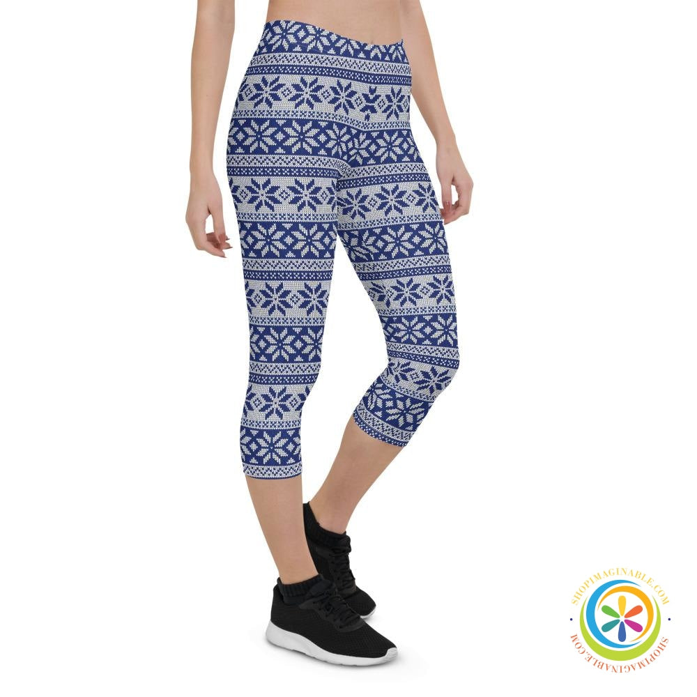 Blue & White Sweater Holiday Capri Leggings-ShopImaginable.com