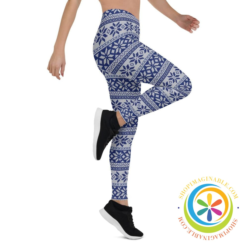 Blue & White Sweater Holiday Full Length Leggings-ShopImaginable.com