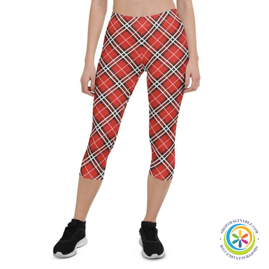 Bold Red Plaid Capri Leggings-ShopImaginable.com