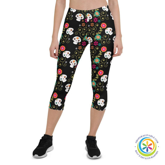 Flowers & Skulls Capri Leggings-ShopImaginable.com