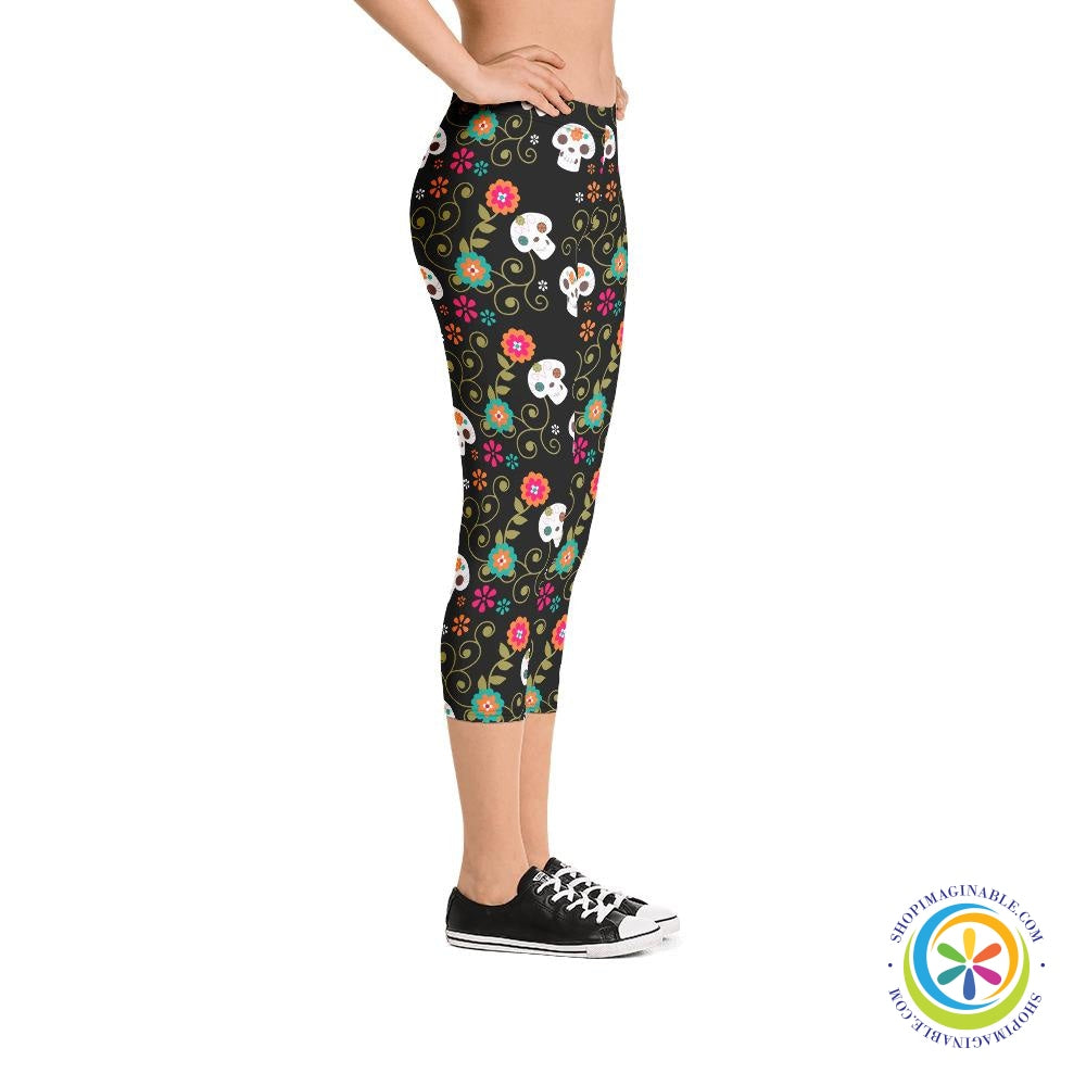 Flowers & Skulls Capri Leggings-ShopImaginable.com
