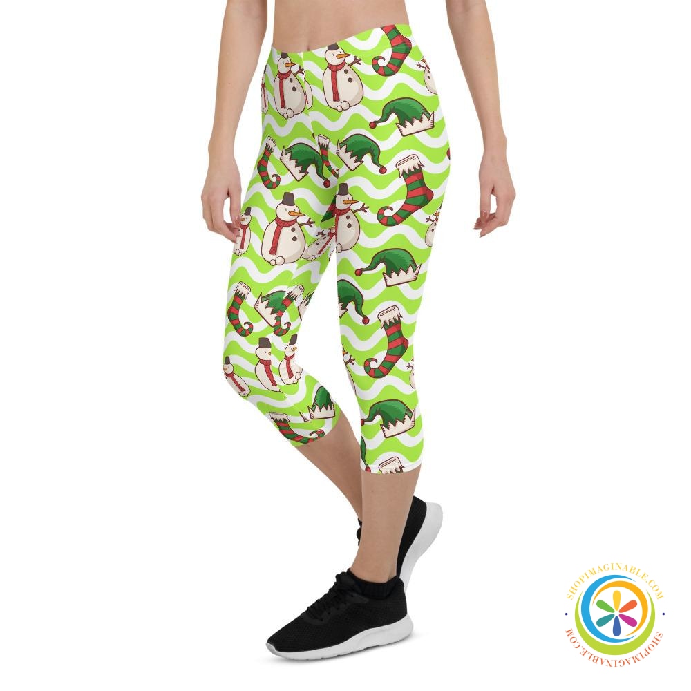 Holiday Snowman & Elves Capri Leggings-ShopImaginable.com