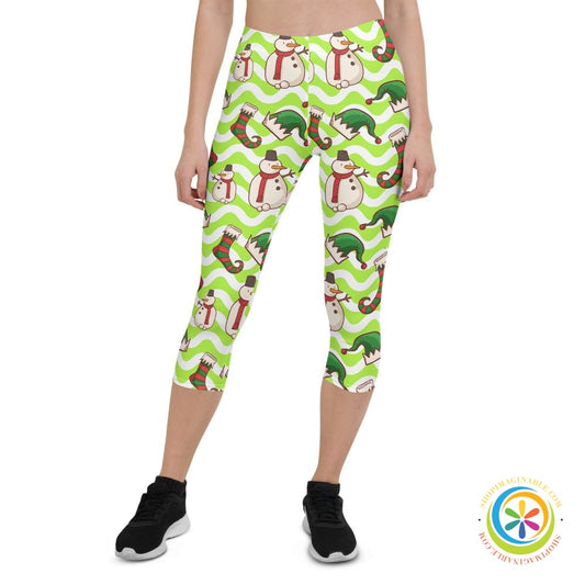 Holiday Snowman & Elves Capri Leggings-ShopImaginable.com