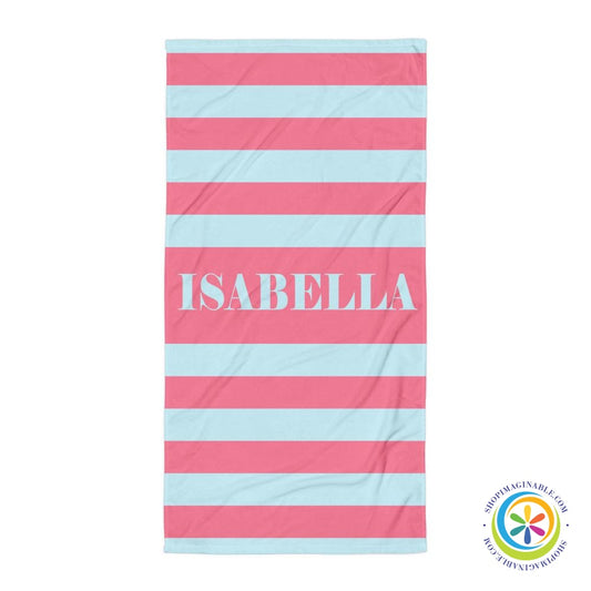 Personalized Blue & Pink Striped Beach Bath Towel-ShopImaginable.com