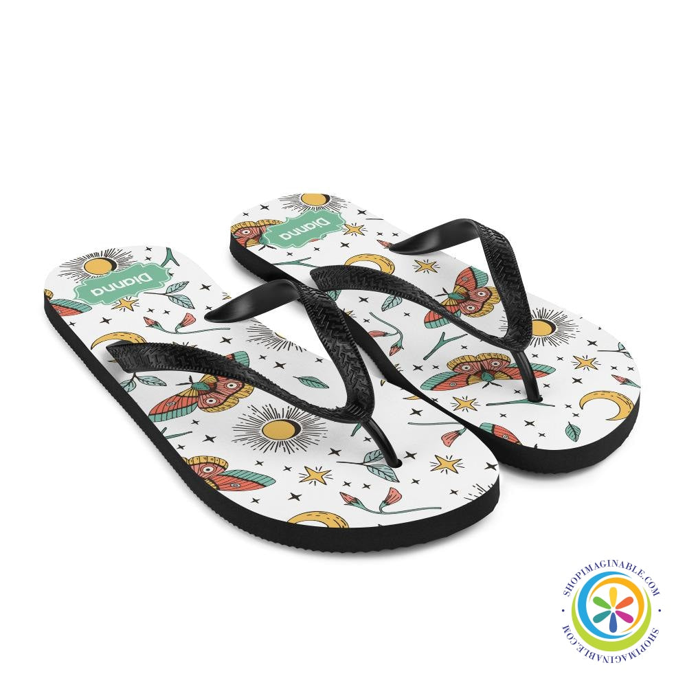 Personalized Sun Moon & Butterflies Flip-Flops-ShopImaginable.com