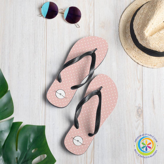 Pink Polka Dots Elegant Initialed Custom Personalized Flip-Flops-ShopImaginable.com