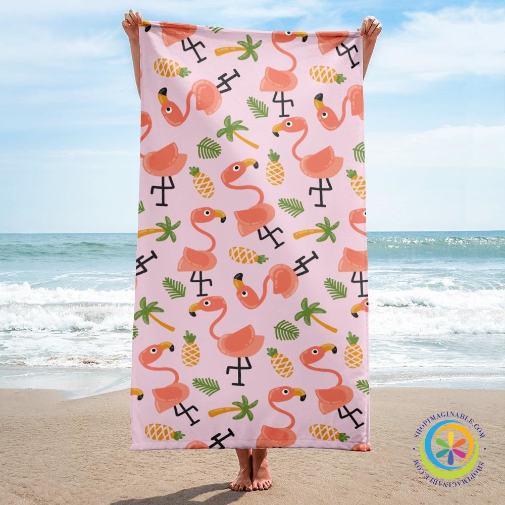 Playful Flamingo's Beach Towel Bath Towel-ShopImaginable.com