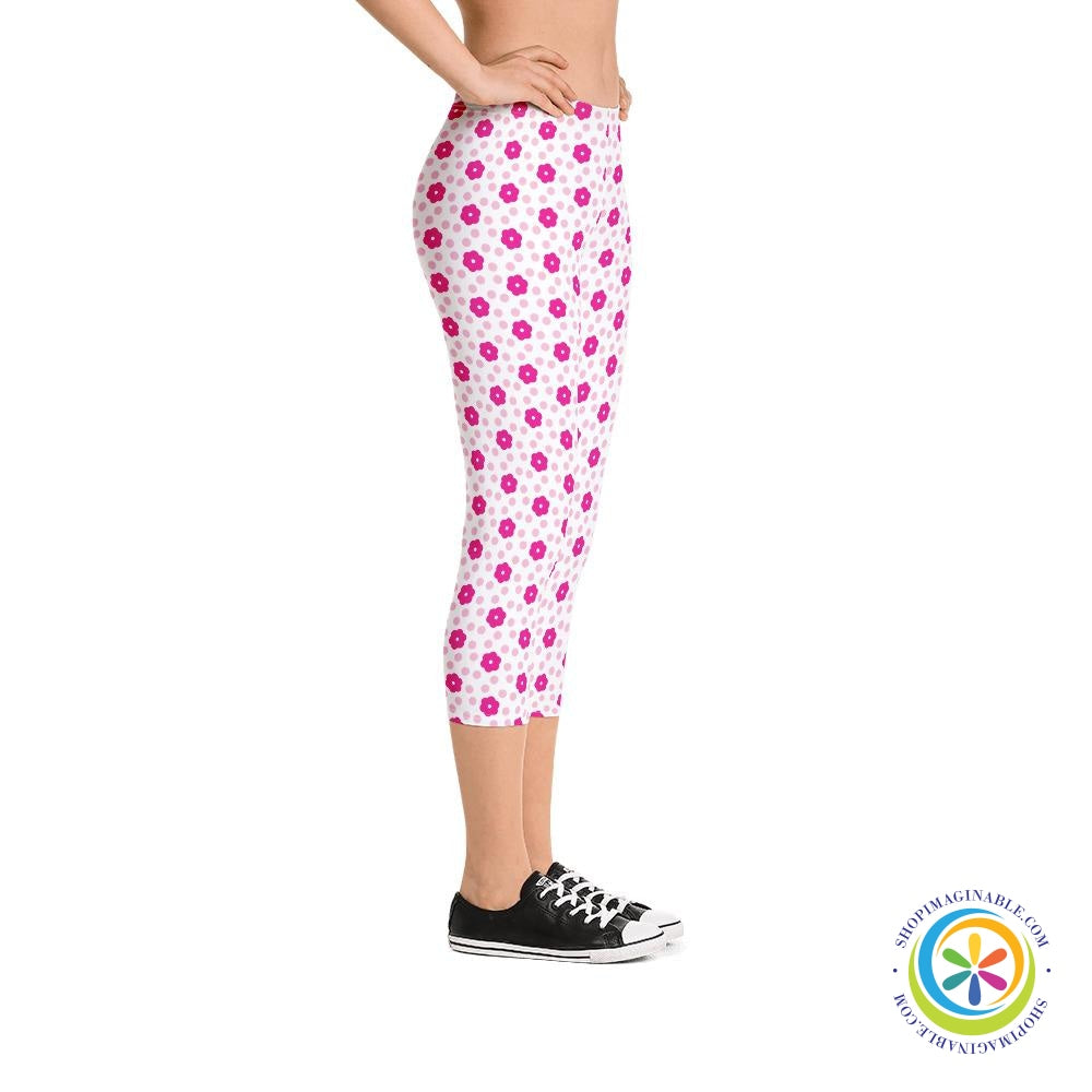 Pretty In Pink Flowers Capri Leggings-ShopImaginable.com
