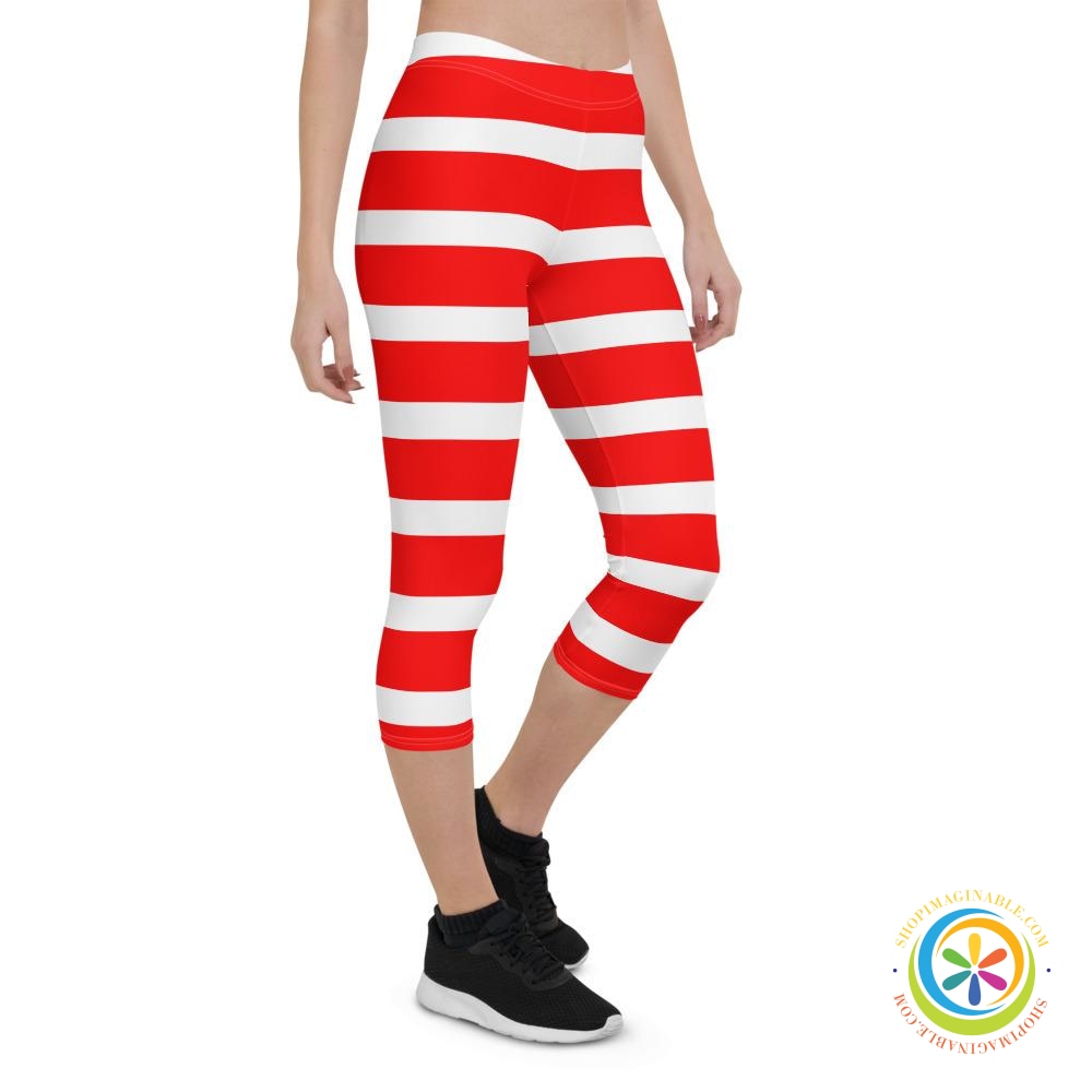 Red & White Candy Cane Capri Leggings-ShopImaginable.com