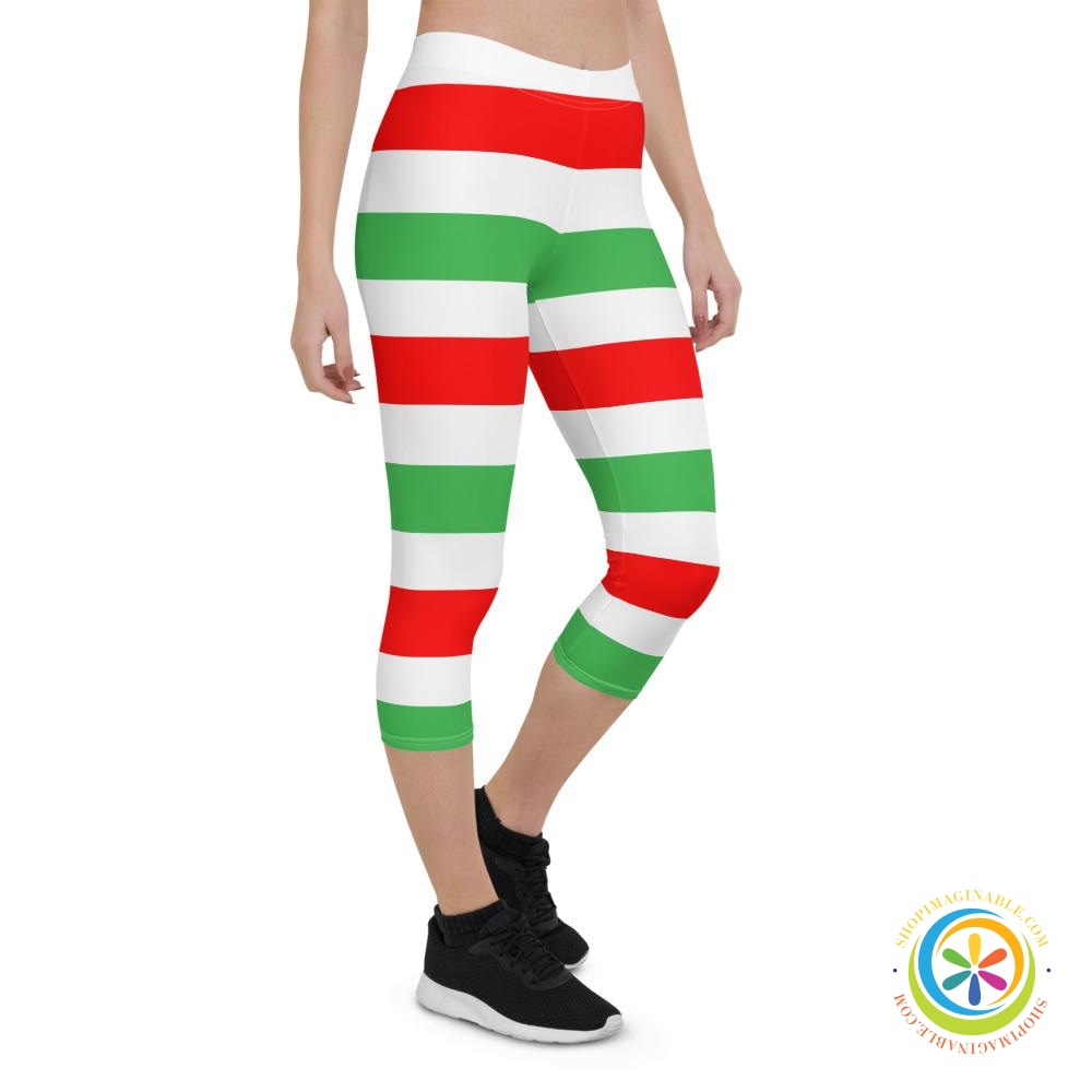 Red White & Green Candy Cane Striped Capri Leggings-ShopImaginable.com