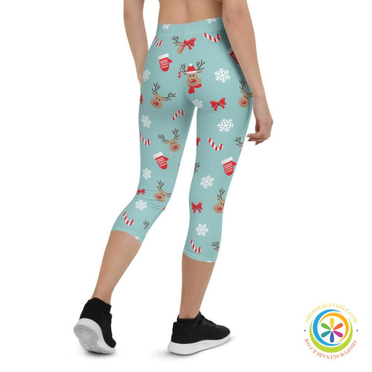 Reindeer Santa Candy Cane Capri Cropped Leggings-ShopImaginable.com