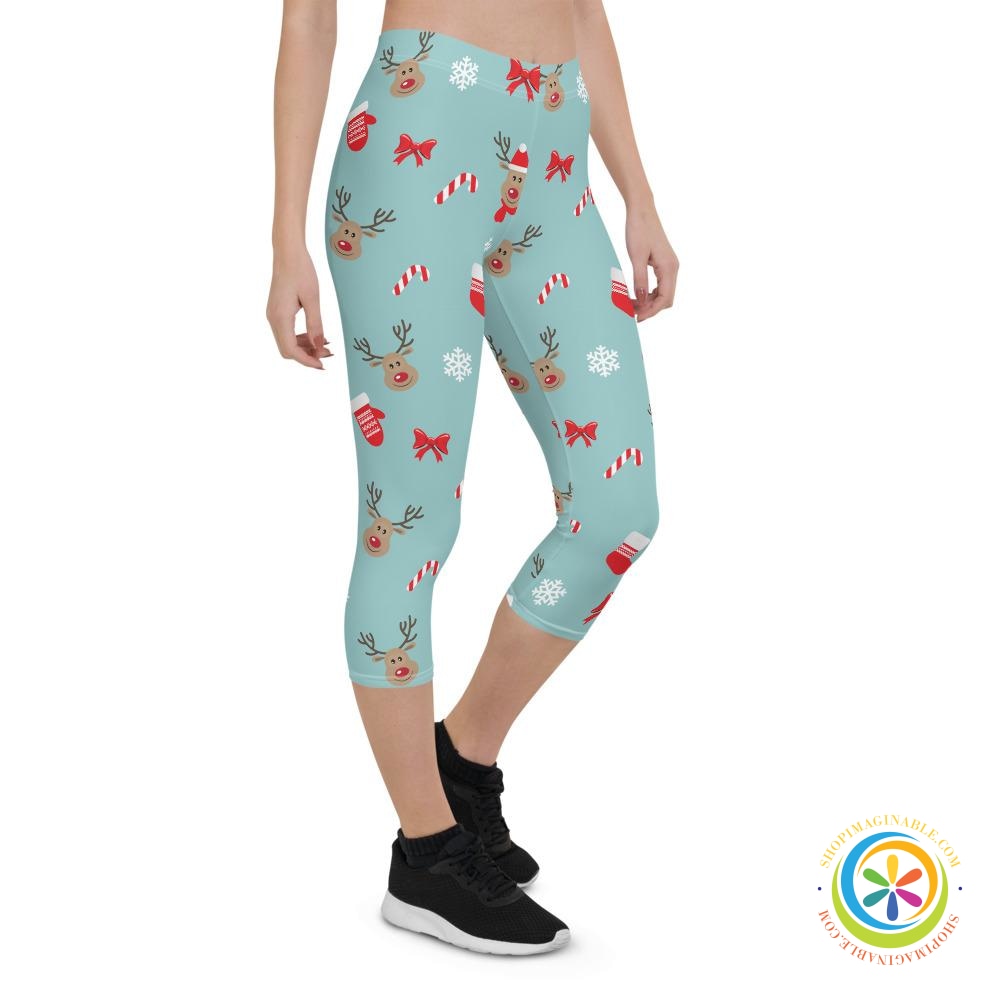 Reindeer Santa Candy Cane Capri Cropped Leggings-ShopImaginable.com