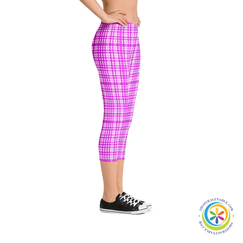 Stylish Pink Plaid Capri Leggings-ShopImaginable.com