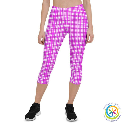 Stylish Pink Plaid Capri Leggings-ShopImaginable.com