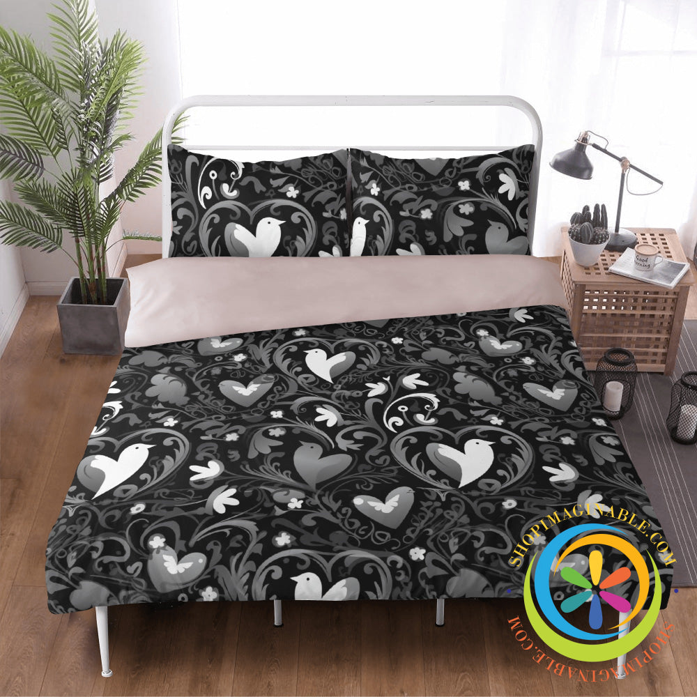 Black Love Birds Bedding Set Beige / Us Twin