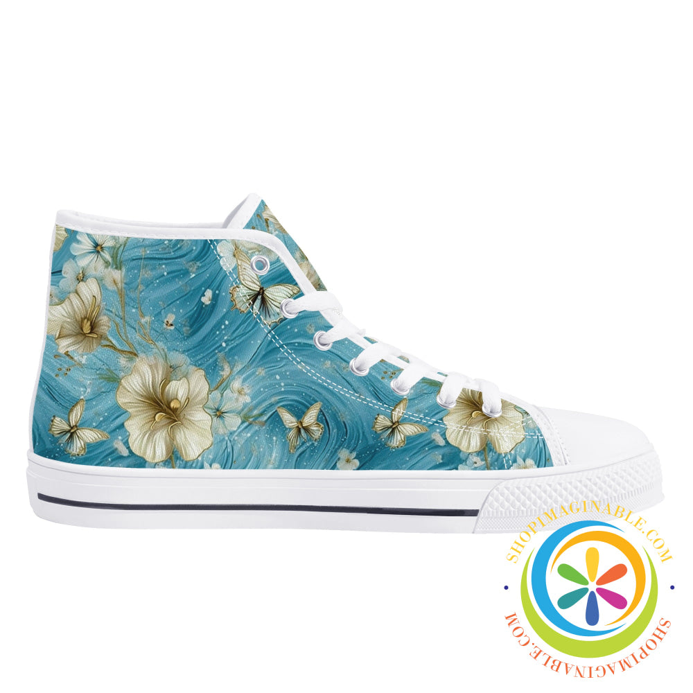 Blue Butterfly Floral Ladies High Top Canvas Shoes-ShopImaginable.com