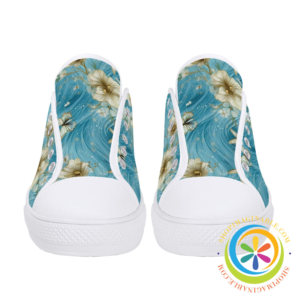 Blue Butterfly Floral Ladies Low Top Canvas Shoes-ShopImaginable.com