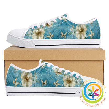 Blue Butterfly Floral Ladies Low Top Canvas Shoes-ShopImaginable.com