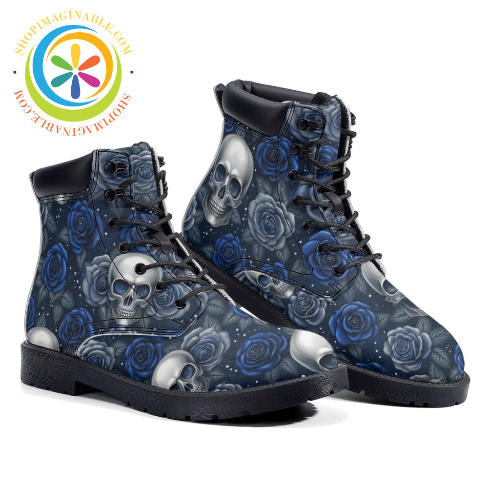 Blue Skull Floral - Leather Martin Boots
