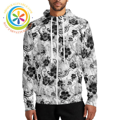 Boho Flowers Full Zip Turtleneck Hoodie Streetwear