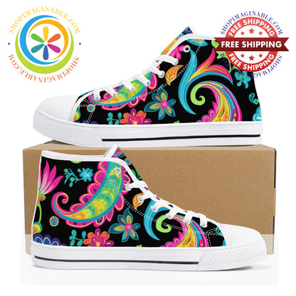 Bold Paisley Ladies High Top Canvas Shoes White / Us12 (Eu44)