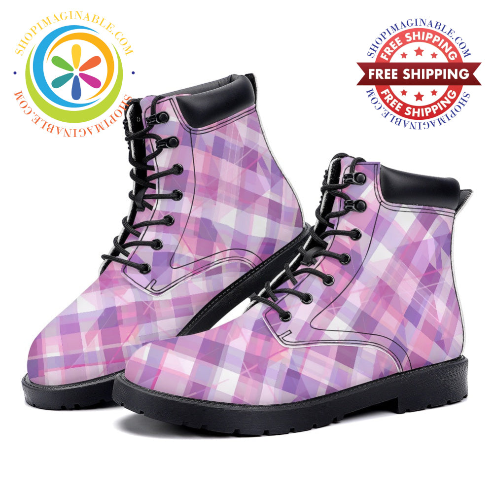 Bold Pink Plaid - Leather Martin Boots white / 36