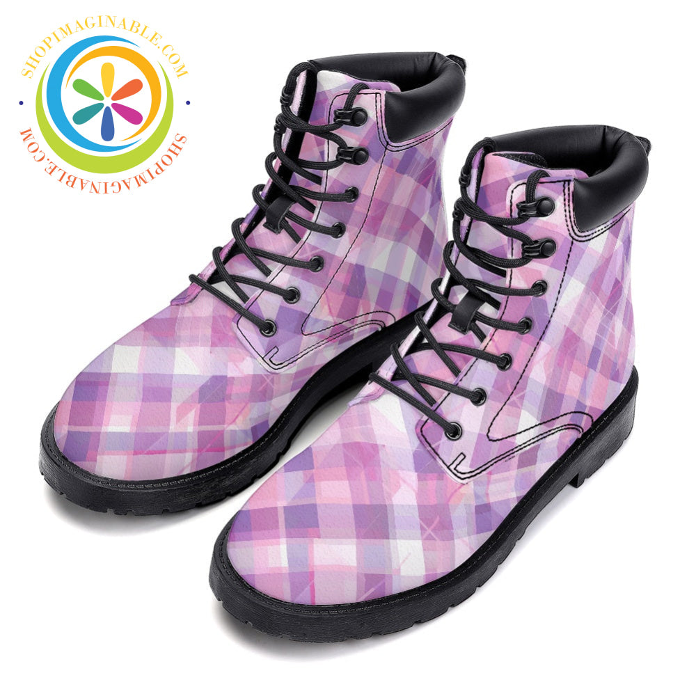 Bold Pink Plaid - Leather Martin Boots